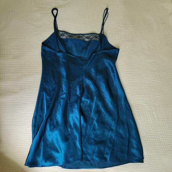 Vintage Y2K Womens XL* Delicates Teal Blue Slip Mini Dress Satin Royal Mesh Lace - Picture 4 of 4